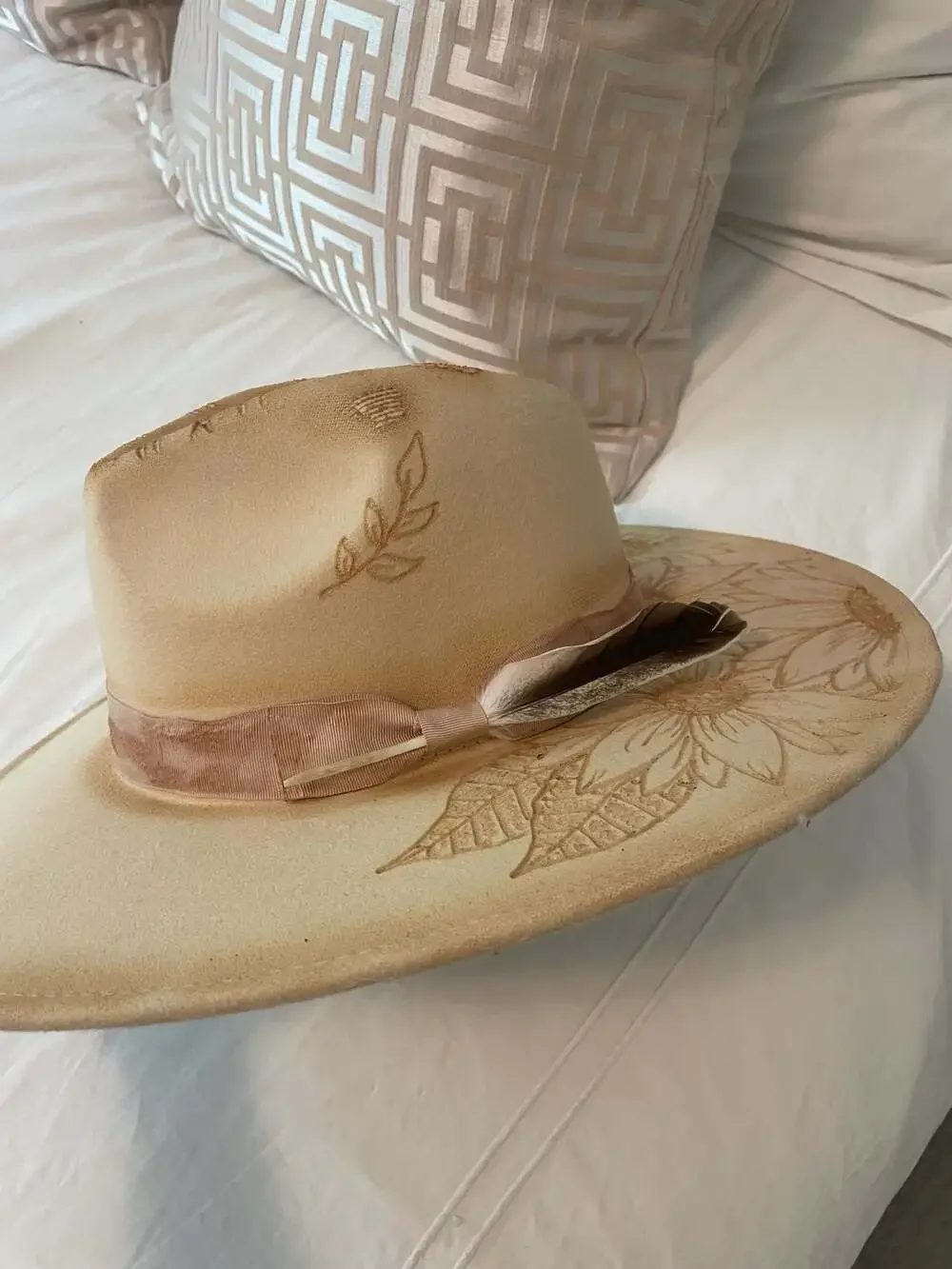 Tan Burned Sunflower Wide Brim Fedora Hat